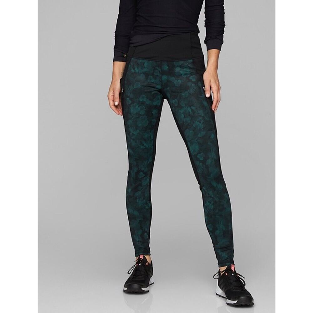 Athleta Frost High Traverse Tight Leggings Black Green Floral Small Pockets Warm